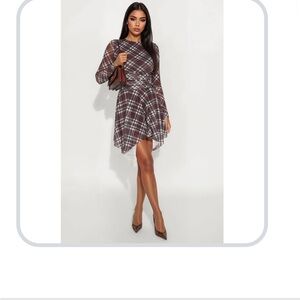 Fashion Nova Brown Plaid Long Sleeve Dress